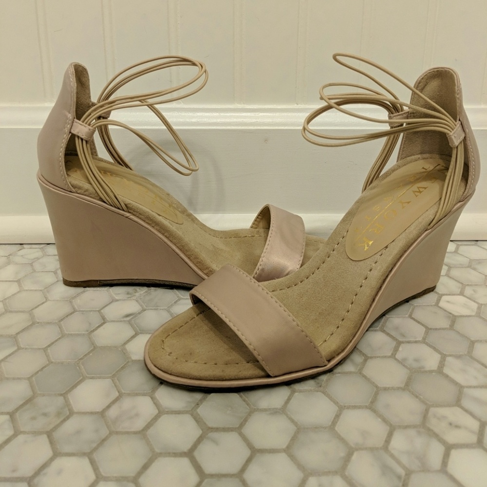 Size 6 nude satin dressy wedges